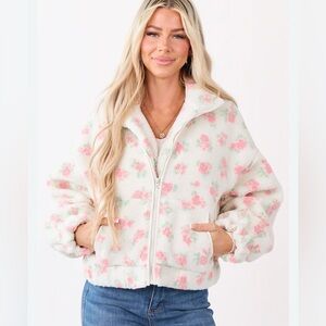 Cream Floral Pattern ZipUp Sherpa Jacket